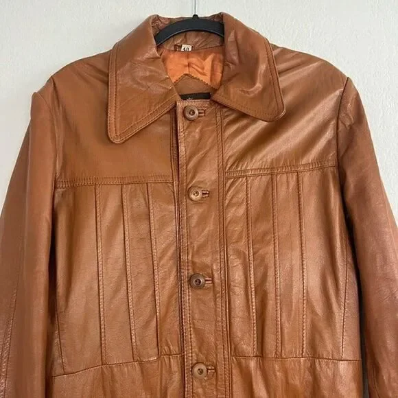 Vintage 70s Pampas Orange/Brown Leather Jacket Size 40 Button Up Mens Duster
